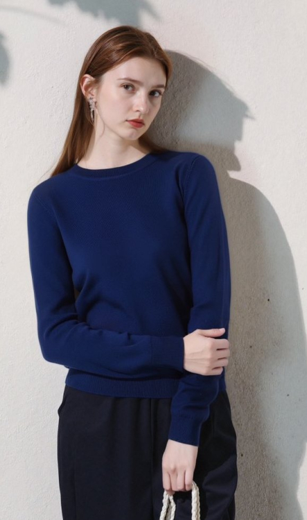 Πλεκτό Πουλόβερ Crew Neck με Λεπτή Πλέξη & Ίσια Γραμμή Σκούρο Μπλε -X507