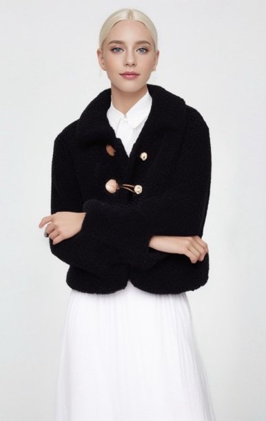 Cropped Mαύρη Ζακέτα Teddy Bear με Διακοσμητικά Κουμπιά-4396Β