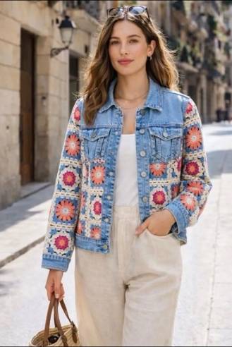 Γυναικείο Jacket με Πολύχρωμα Πλεκτά Crochet Σχέδια-E462