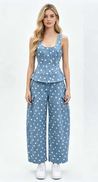 Γυναικείο Denim Σετ με Peplum Top-Κορσέ και Φαρδιά Παντελόνα με Πουά Μοτίβο-My26033