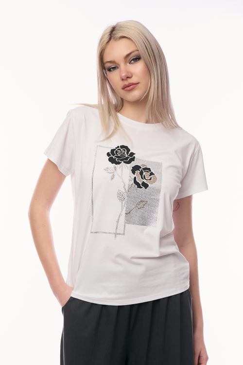 Γυναικείο T-shirt με Σχέδιο Μαύρα Τριαντάφυλλα και Διακοσμητικό Ασημί Glitter-4469