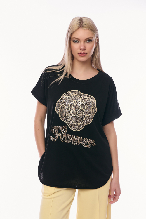 Γυναικείο T-shirt με Μεγάλο Σχέδιο Λουλούδι από Χρυσά Στρας και τη Λέξη Flower-4476