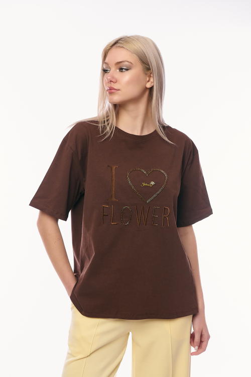 Γυναικείο Καφέ T-shirt με Κεντημένο Μήνυμα I Love Flower και Καρδιά από Στρας-K500
