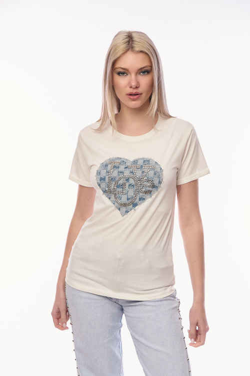 Γυναικείο Εκρού T-shirt με Τζιν Καρδιά-4474