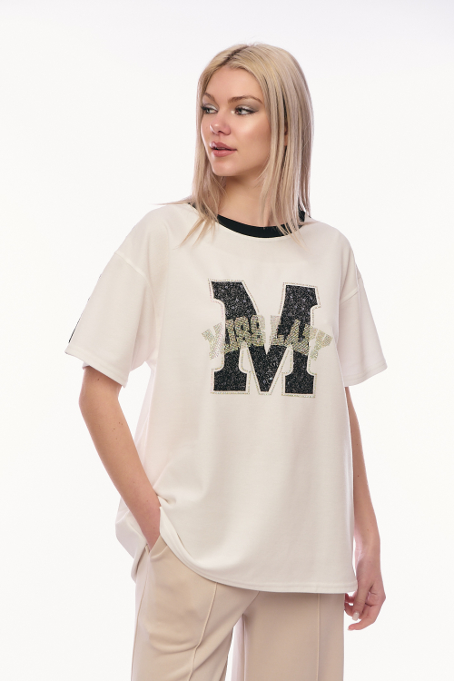Γυναικείο Λευκό Oversized T-shirt με Κεντημένο Μονόγραμμα-TS-28687