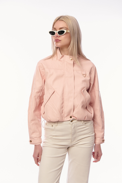 Γυναικείο Ροζ Bomber Jacket από Οικολογικό Δέρμα με Φερμουάρ, Τσέπες και Λάστιχο στη Μέση-S-5691G