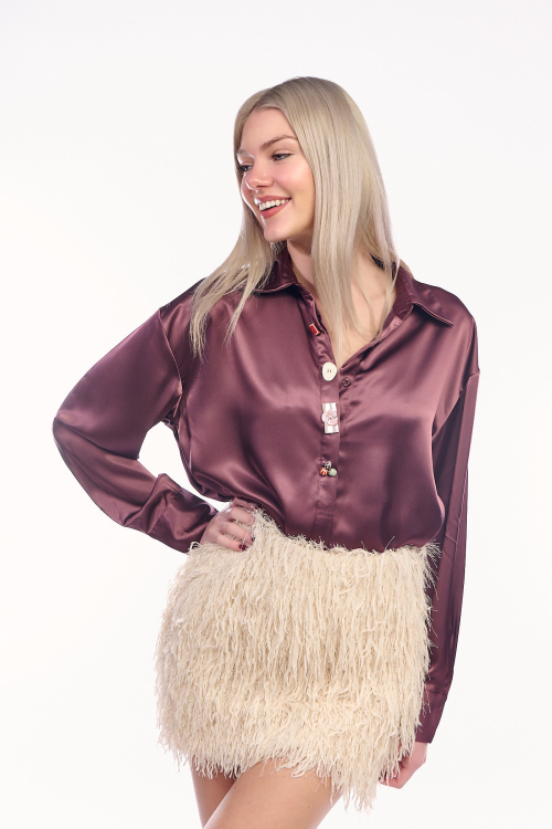 Πουκαμίσα Oversized από Σατέν Ύφασμα με Μακρύ Μανίκι και Διακοσμητικά Κουμπιά – Χρώμα Μωβ-A381