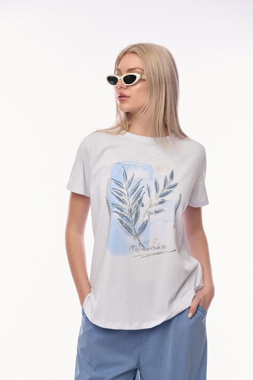 Γυναικείο Λευκό T-shirt με Γαλάζιο Τύπωμα Φύλλων, Στρας και Μήνυμα 