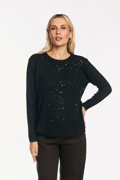 Πουλόβερ Crew Neck με Οversized Παγιέτες στους Ώμους Μαύρο-QF9596G