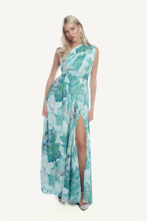 Μάξι φόρεμα με έναν ώμο, floral print και ζώνη-4332