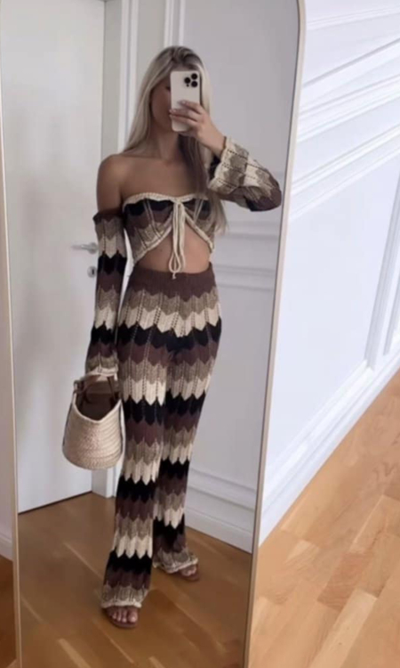 Πλεκτό σετ με crop top και boho παντελόνα-4154B