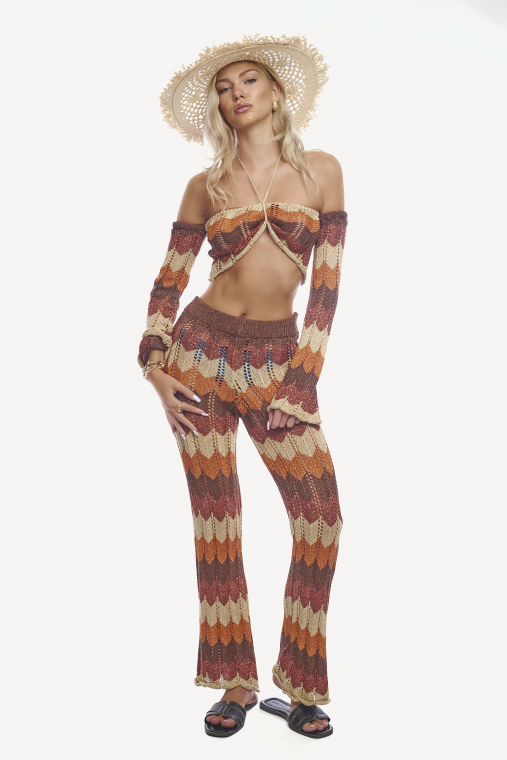 Πλεκτό σετ με crop top και boho παντελόνα-4154