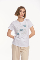 Γυναικείο Λευκό T-shirt με Κεντημένα Πλαίσια, Τρισδιάστατες Γαλάζιες Πεταλούδες και Σχέδια Καρδιές με Στρας-4467B