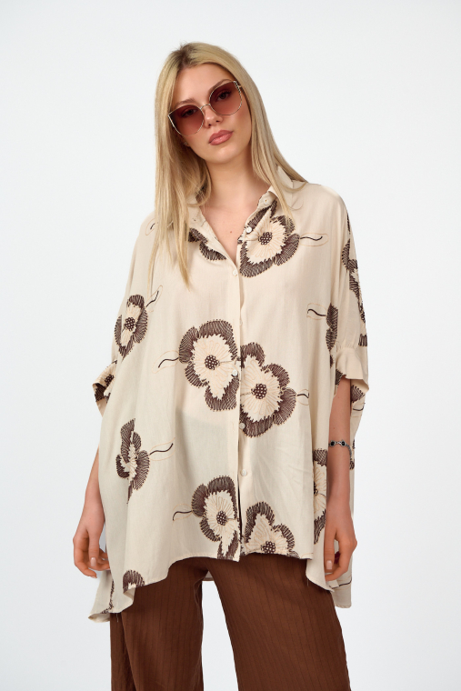 Γυναικείο Oversized Λευκό Πουκάμισο με Floral Κεντήματα-CL128