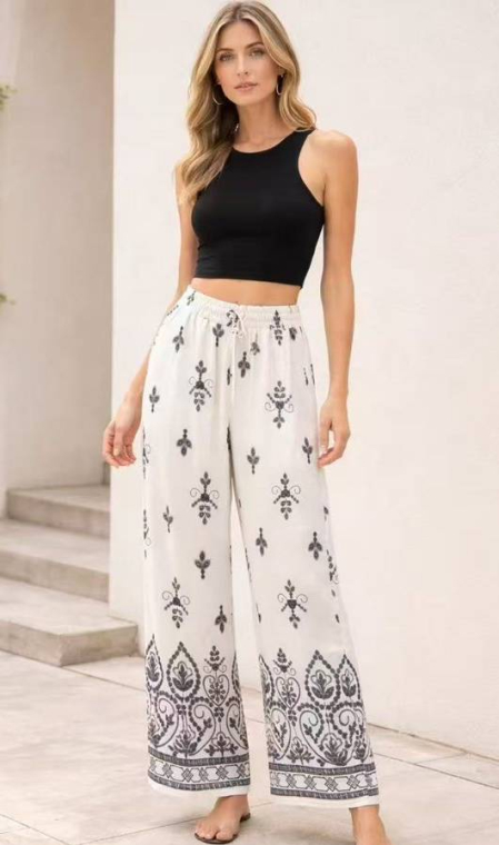 Γυναικεία Ψηλόμεση Boho Παντελόνα Wide-Leg με Ethnic Μοτίβο και Κορδόνι-YN-558
