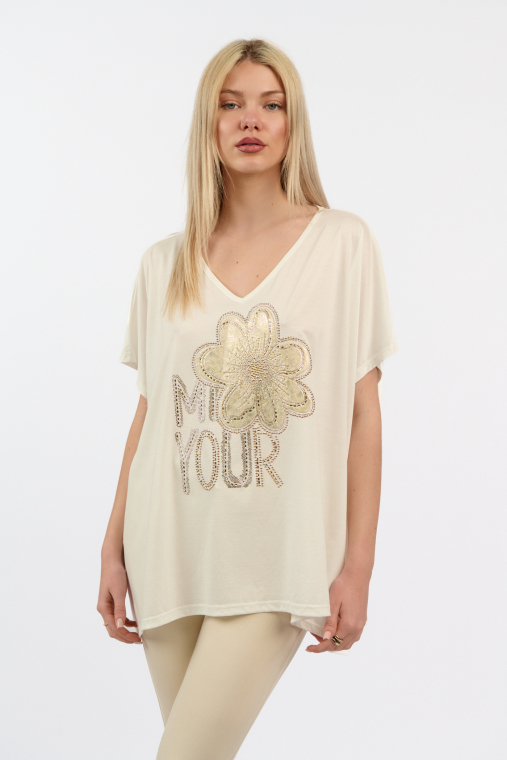 Γυναικεία Oversized Μπλούζα V με Χρυσό Λουλούδι και Στρας-4492